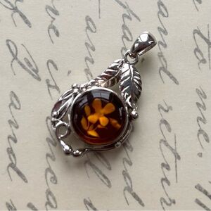 Dainty Engraved Flower Amber Sterling Silver Pendant